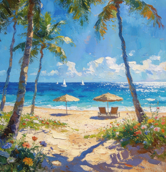 Canvas Paintings for Dining Room, Beachside Haven, Palm Tree Seashore Paintings, Original Landscape Paintings, Heavy Texture Artwork, Small Oil Paintings, Hand Painted Canvas Art-HomePaintingDecor