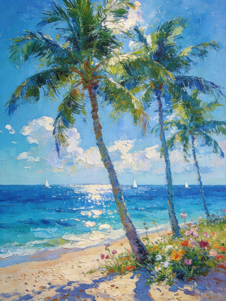Canvas Paintings for Bedroom, Sunlit Shoreline, Palm Tree Seashore Paintings, Heavy Texture Artwork, Original Landscape Paintings, Small Oil Paintings, Hand Painted Canvas Wall Art-HomePaintingDecor