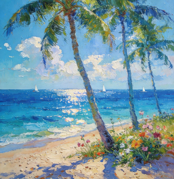 Canvas Paintings for Bedroom, Sunlit Shoreline, Palm Tree Seashore Paintings, Heavy Texture Artwork, Original Landscape Paintings, Small Oil Paintings, Hand Painted Canvas Wall Art-HomePaintingDecor