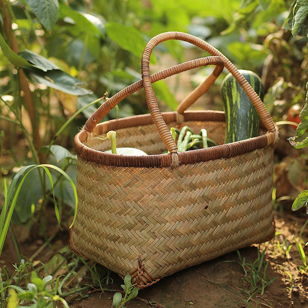 Storage Basket with Handle, Large Kitchen Storage Baskets, Natural Hand-woven Bamboo Storage Basket, Lovely Bamboo Weaving Baskets for Vegetable, Picnic Fruit Storage Baskets