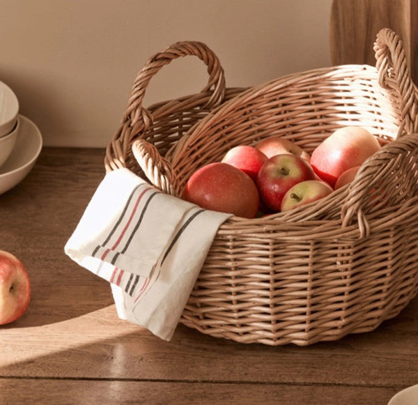 Picnic Fruit Basket with Handle, Kitchen Storage Baskets, Natural Hand-woven Wicker Round Storage Basket, Lovely Willow Weaving Baskets for Vegetable, Natural Fruit Storage Basket-HomePaintingDecor