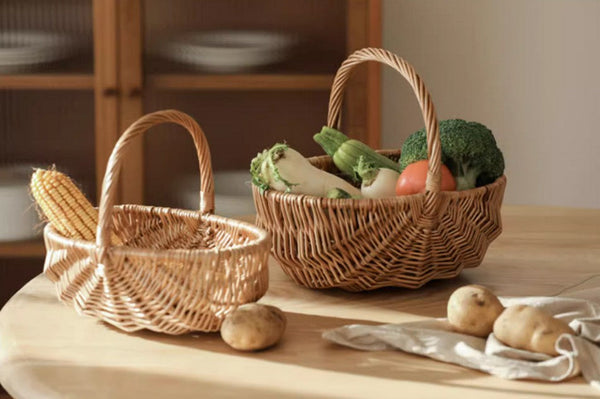 Natural Fruit Basket, Kitchen Storage Baskets, Natural Hand-woven Wicker Storage Basket, Large Picnic Food Basket with Handle, Lovely Willow Weaving Baskets for Vegetable-HomePaintingDecor