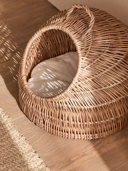 Indoor Cat Bed, Natural Wicker Cat House Basket with Washable Cushion for Indoor Cats and Dogs-HomePaintingDecor
