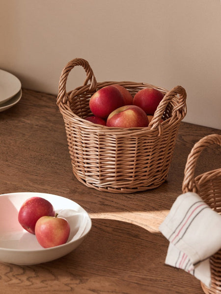 Large Picnic Fruit Basket with Handle, Natural Hand-woven Wicker Round Storage Basket, Lovely Willow Weaving Baskets for Vegetable, Natural Fruit Storage Basket, Kitchen Storage Baskets-HomePaintingDecor