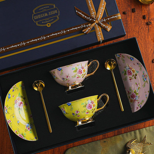 Flower Tea Cup and Saucer Set in Gift Box, Porcelain Tea Cup Saucer Set, Floral Ceramic Coffee Cup with Saucer, Beautiful British Tea Cup and Saucer-HomePaintingDecor