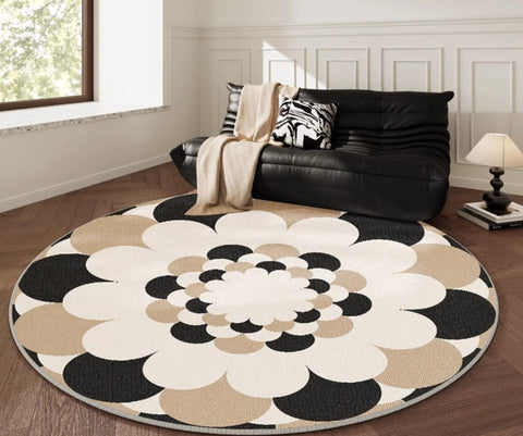 Abstract Contemporary Round Rugs under Chairs, Circular Area Rugs for Bedroom, Modern Rugs for Dining Room, Flower Pattern Modern Rugs for Living Room-HomePaintingDecor