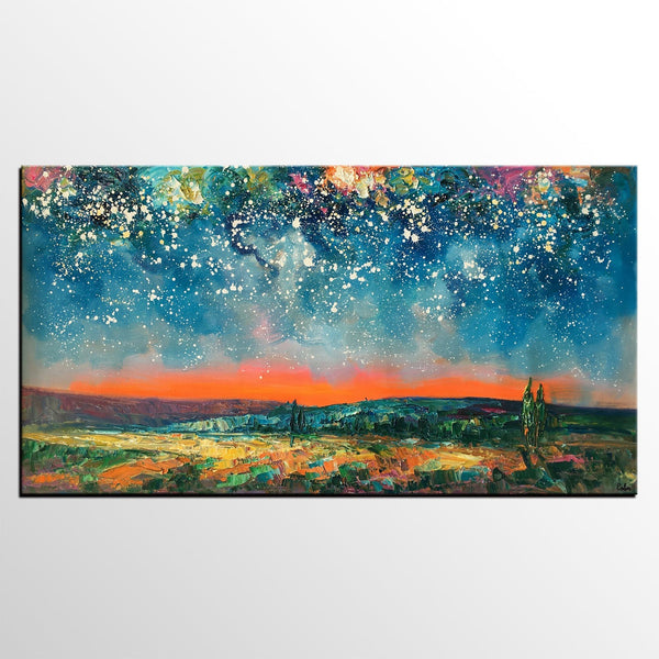 Original Landscape Painting, Starry Night Sky Painting, Bedroom Wall Art Paintings, Custom Original Painting for Sale