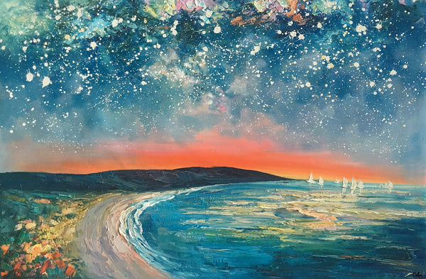 Starry Night Sky Seashore Painting, Abstract Art Painting, Canvas Oil Painting, Heavy Texture Art, Bedroom Wall Art, Landscape Painting, Large Art, Original Art