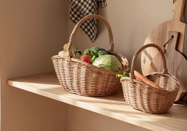 Natural Hand-woven Wicker Storage Basket, Large Picnic Food Basket with Handle, Lovely Willow Weaving Baskets for Vegetable, Natural Fruit Basket, Kitchen Storage Baskets-HomePaintingDecor
