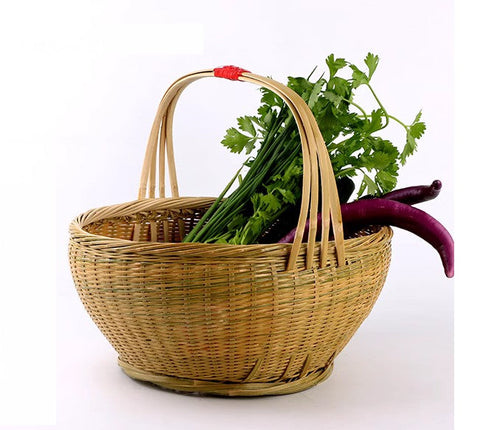 Picnic Food Basket with Handle, Large Natural Hand-woven Bamboo Basket, Natural Fruit Basket Lovely Bamboo Baskets for Vegetable, Kitchen Storage Baskets-HomePaintingDecor