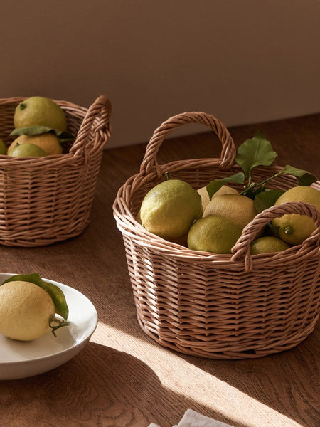 Large Picnic Fruit Basket with Handle, Natural Hand-woven Wicker Round Storage Basket, Lovely Willow Weaving Baskets for Vegetable, Natural Fruit Storage Basket, Kitchen Storage Baskets-HomePaintingDecor
