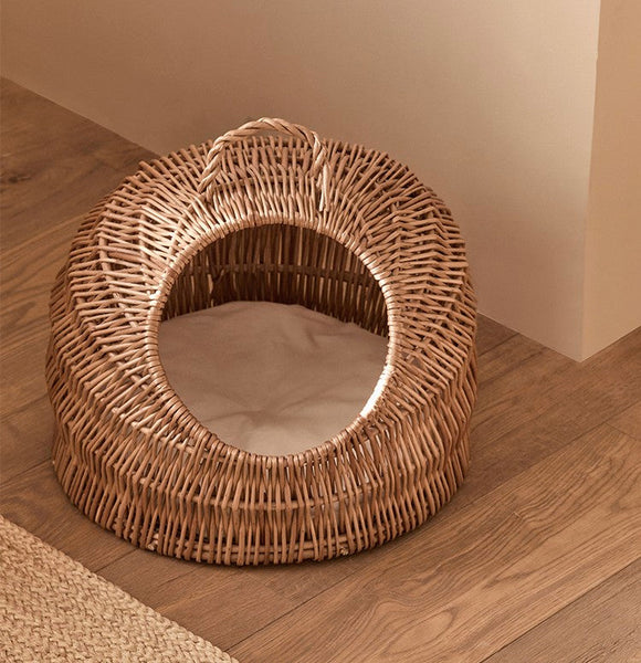 Indoor Cat Bed, Natural Wicker Cat House Basket with Washable Cushion for Indoor Cats and Dogs-HomePaintingDecor
