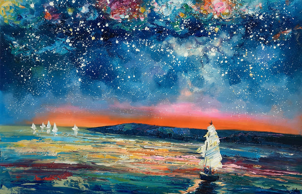 Canvas Painting, Abstract Art for Sale, Sail Boat under Starry Night Sky Painting, Custom Art, Buy Art Online