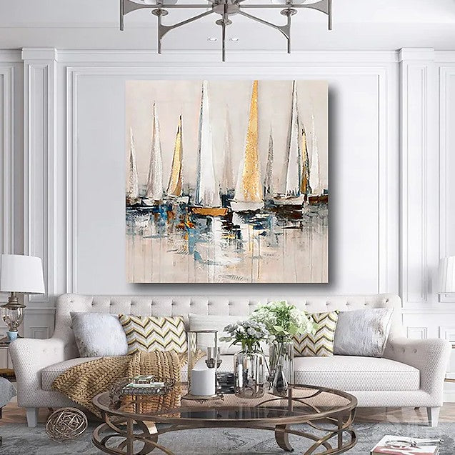 Sail Boat Paintings Modern Acrylic Canvas, Nautical Abstract Art, Marine Blue Tones, Coastal Decor, Large Sailing Yacht, Ocean Breeze, White Sail, Impressionistic Style, Seascape Painting, Horizon Calm, Summer Vibe Artwork