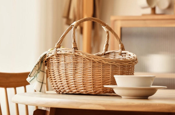 Large Kitchen Storage Baskets, Picnic Storage Basket with Handle, Hand-woven Wicker Storage Basket, Willow Weaving Baskets for Vegetable, Natural Fruit Basket-HomePaintingDecor
