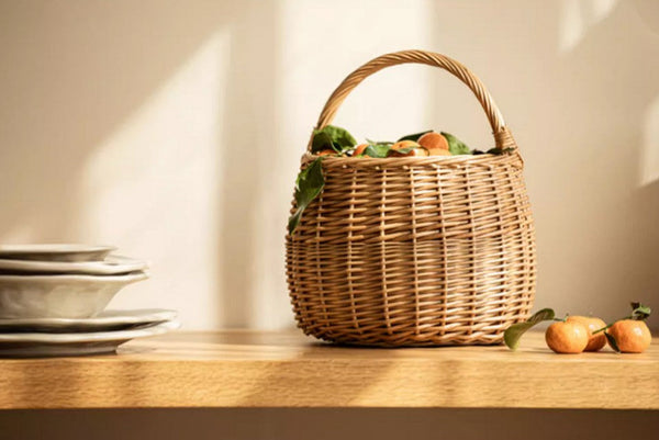Storage Basket for Kitchen, Picnic Storage Basket with Handle, Hand-woven Wicker Storage Basket, Natural Fruit Basket, Willow Weaving Baskets for Vegetable-HomePaintingDecor