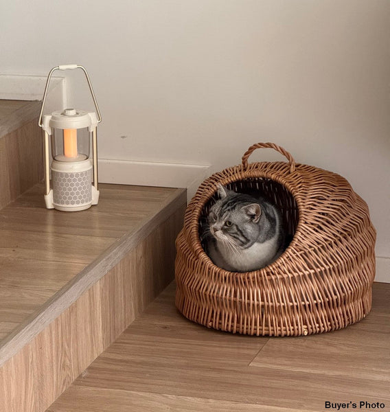 Indoor Cat Bed, Natural Wicker Cat House Basket with Washable Cushion for Indoor Cats and Dogs-HomePaintingDecor