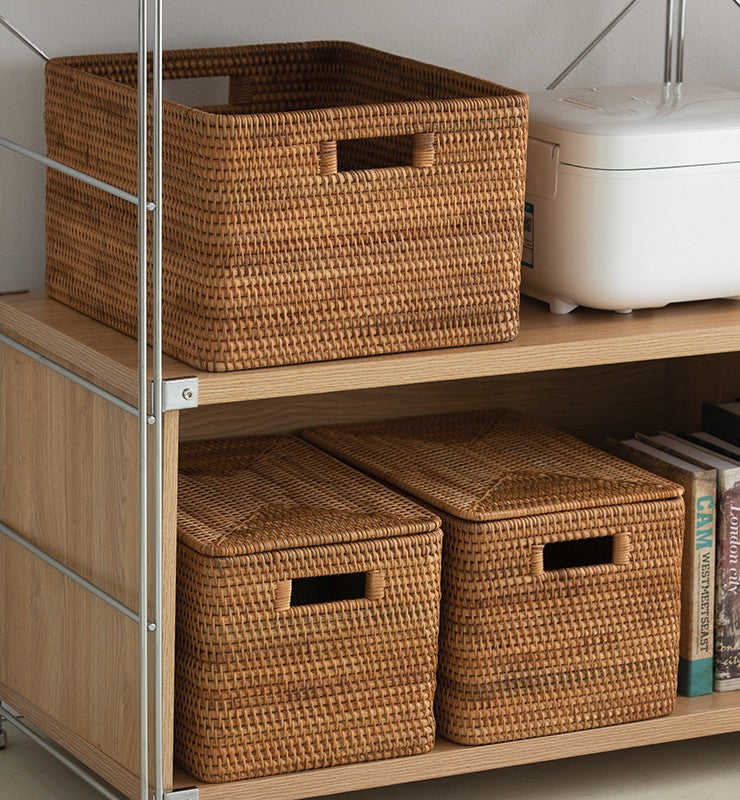 Rattan Storage Basket For Shelves, Rectangular Storage Basket With Lid, Woven Basket For Organization, Natural Fiber Basket