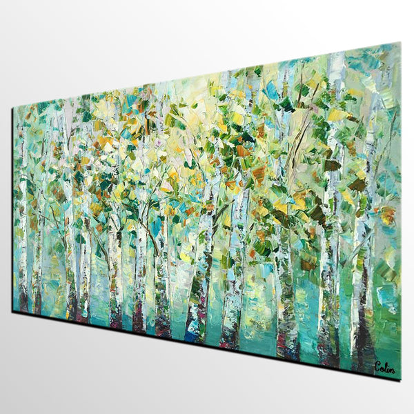 Birch Tree Painting, Abstract Autumn Painting, Heavy Texture Painting, Custom Landscape Painting-HomePaintingDecor