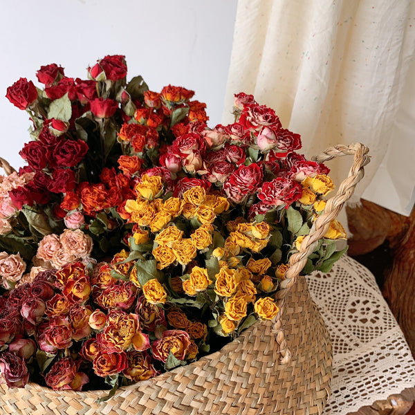 A Bouquet of Dried Rose Flowers, Dried Rose Flower Bouquet, Natural Dried Rose Flower Bunches, A Bunch Dried Rose Flowers, Red Yellow Purple Dried Rose Floral-HomePaintingDecor