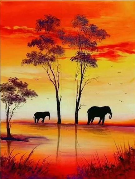 Simple Acrylic Paintings, Simple Small African Elephant Paintings, Easy Painting Ideas for Home Decor, Small Canvas Artwork, Simple Landscape Art on Canvas