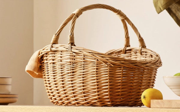 Large Kitchen Storage Baskets, Picnic Storage Basket with Handle, Hand-woven Wicker Storage Basket, Willow Weaving Baskets for Vegetable, Natural Fruit Basket-HomePaintingDecor