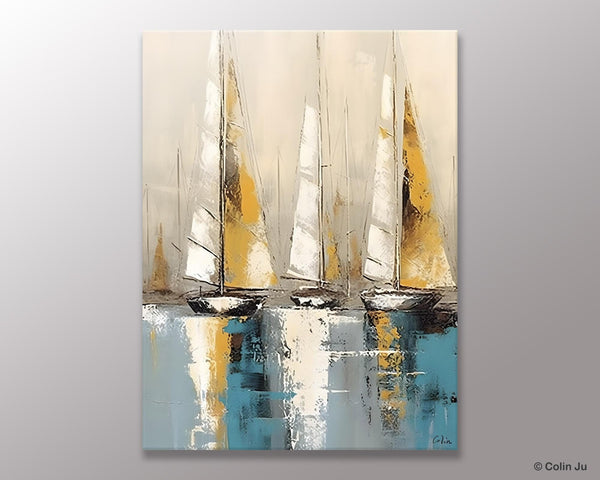Large Painting Ideas for Living Room, Large Original Canvas Art for Bedroom, Sail Boat Canvas Painting, Modern Abstract Wall Art Paintings-HomePaintingDecor