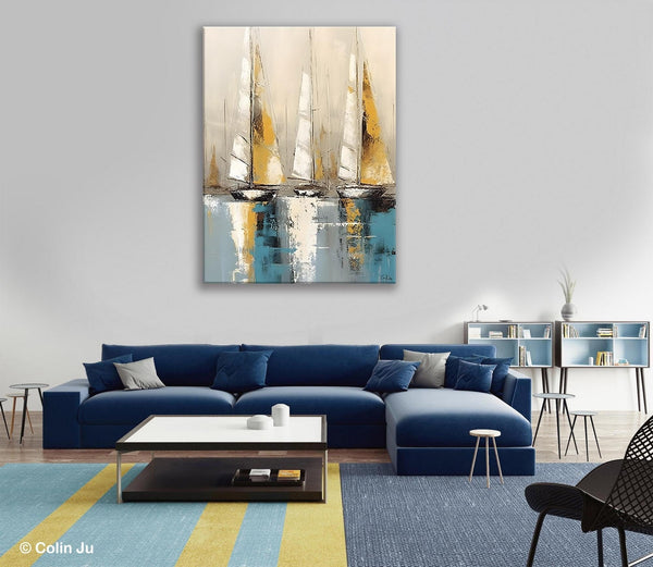 Large Painting Ideas for Living Room, Large Original Canvas Art for Bedroom, Sail Boat Canvas Painting, Modern Abstract Wall Art Paintings-HomePaintingDecor