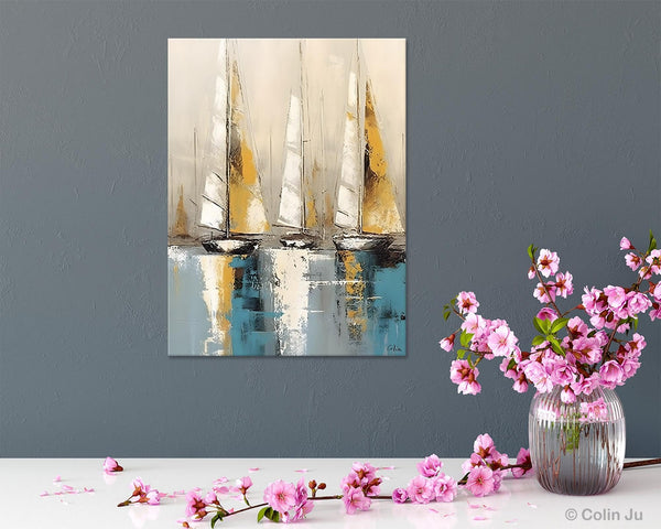 Large Painting Ideas for Living Room, Large Original Canvas Art for Bedroom, Sail Boat Canvas Painting, Modern Abstract Wall Art Paintings-HomePaintingDecor
