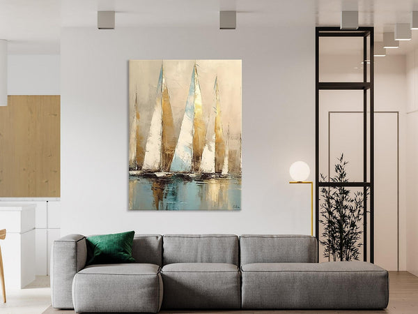 Sail Boat Abstract Painting, Landscape Canvas Paintings for Dining Room, Acrylic Painting on Canvas, Original Landscape Abstract Painting-HomePaintingDecor