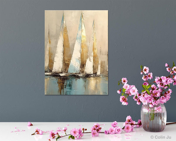 Sail Boat Abstract Painting, Landscape Canvas Paintings for Dining Room, Acrylic Painting on Canvas, Original Landscape Abstract Painting-HomePaintingDecor