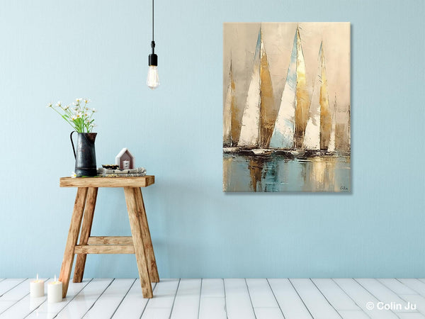 Sail Boat Abstract Painting, Landscape Canvas Paintings for Dining Room, Acrylic Painting on Canvas, Original Landscape Abstract Painting-HomePaintingDecor