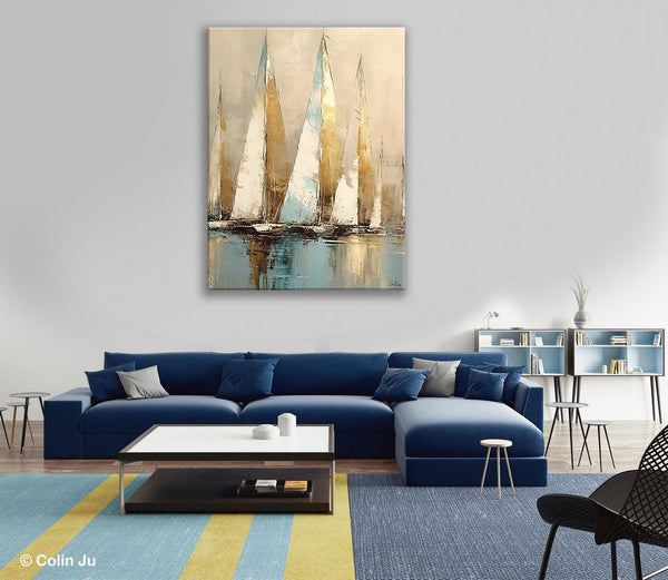 Sail Boat Abstract Painting, Landscape Canvas Paintings for Dining Room, Acrylic Painting on Canvas, Original Landscape Abstract Painting-HomePaintingDecor