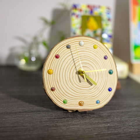 Handcrafted Pine Wood Table Clock with Colorful Ceramic Beads - Unique Home Decor Piece - Silent, Elegant Gift Option - One of A Kind-HomePaintingDecor