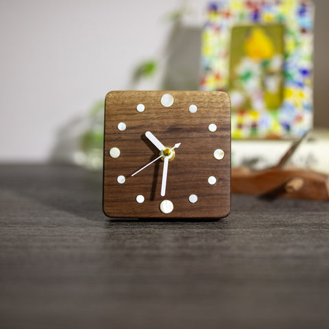Handcrafted Black Walnut Wood Table Clock with Seashell Hour Markers - Artisan-Made - Modern & Rustic Decor - Perfect Gift Ideas-HomePaintingDecor