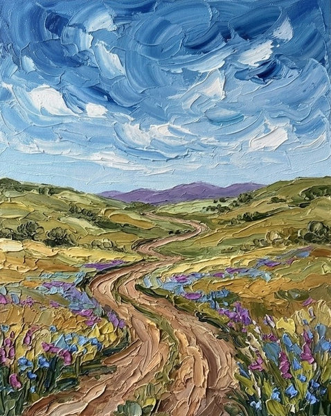 Original Small Paintings for Sale, Winding Path Under Cloudy Sky, Original Landscape Paintings, Small Artwork for Sale, Hand Painted Canvas Art, Impasto Paintings