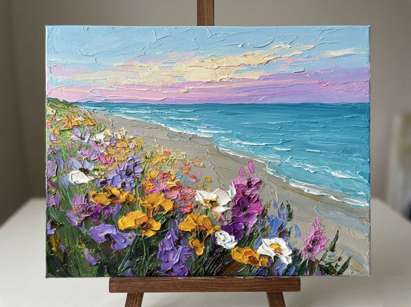 Heavy Texture Painting on Canvas, Flower Tide by the Shore, Original Oil Paintings, Small Canvas Artwork for Sale, Original Seascape Paintings