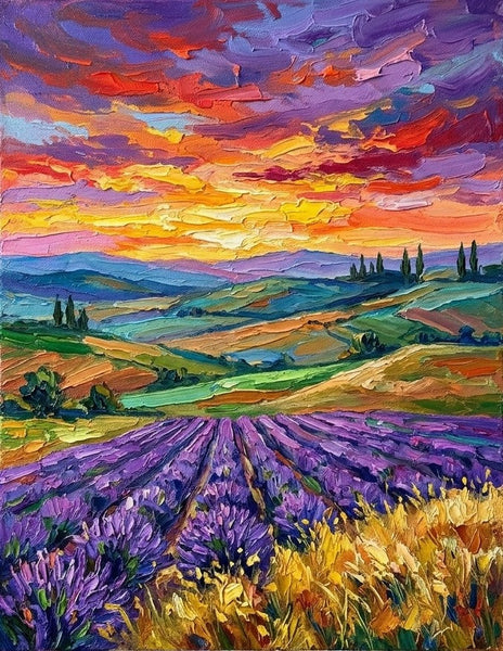 Original Small Paintings, Sunset Over Lavener Fields, Original Landscape Paintings, Hand Painted Canvas Art, Impasto Paintings  for Sale, Small Artwork for Sale