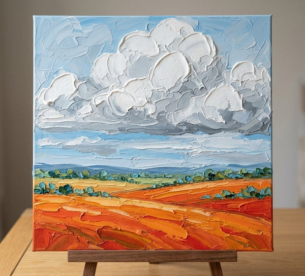 Thick Impasto Clouds Over the Rust Fields, Original Landscape Paintings, Hand Painted Canvas Art, Miniature Canvas Art, Original Oil Paintings, Buy Small Artwork Online