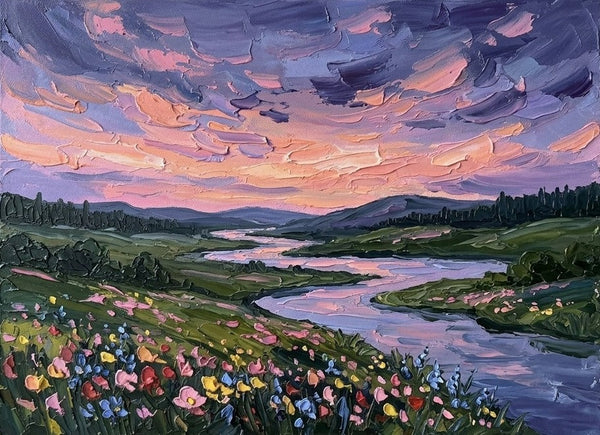 Original Small Paintings for Sale, Flower Fields by the Dusk River, Original Landscape Paintings, Buy Small Artwork Online, Hand Painted Canvas Art, Impasto Paintings