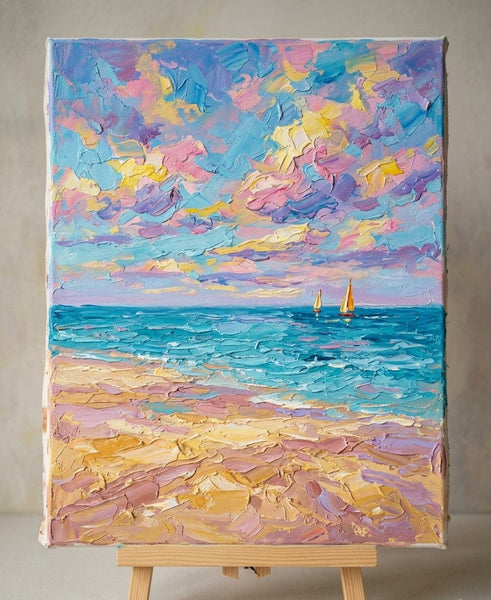 Two Golden Sailboats in Dreamy Seaview, Original Landscape Paintings, Heavy Texture Paintings, Hand Painted Canvas Art, Small Canvas Artwork, Original Oil Paintings