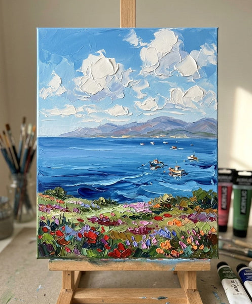 Heavy Texture Paintings on Canvas, Blooms Under Sunny Sea Sky, Impasto Painting, Original Seashore Paintings, Small Canvas Art