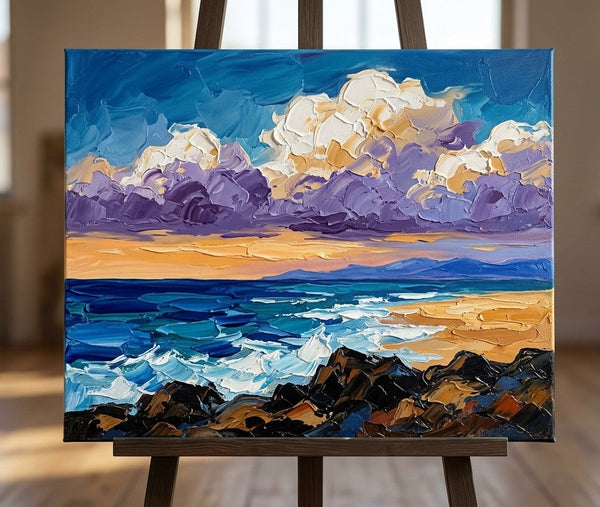 Original Seascape Paintings, Waves and Cliffs Under Twilight Sky, Impasto Heavy Texture Art, Small Canvas Wall Art Paintings, Original Paintings for Sale, Hand Painted Canvas Art