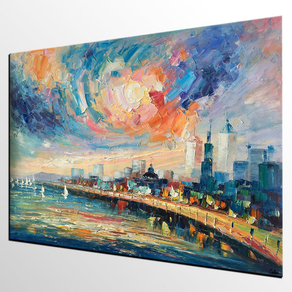Abstract Landscape Painting, Original Oil Painting on Canvas, Custom Cityscape Painting, Palette Knife Painting-HomePaintingDecor
