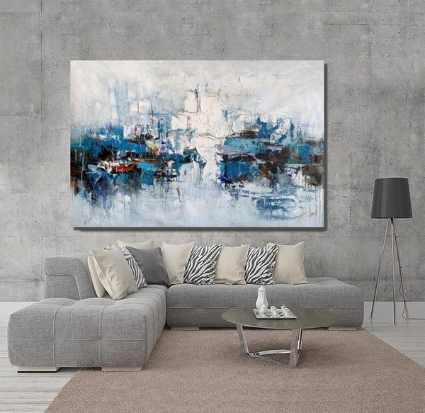 Large Wall Art Paintings Behind Sofa, Acrylic Paintings on Canvas, Acrylic Painting for Bedroom, Blue Modern Paintings, Heavy Texture Canvas Art-HomePaintingDecor