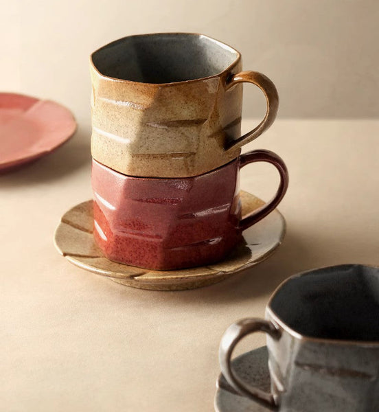 Unique Tea Cup and Saucer, 8 oz Modern Handmade Pottery Coffee Cup, Creative Ceramic Coffee Cup with Saucer, Tea Cup Set for Traditional Afternoon Tea-HomePaintingDecor