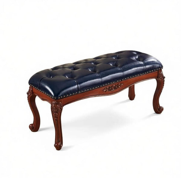 Entryway Bench, Leather Lounge Chair Modern, Farmhouse Blue Leather Stool, Genuine Leather Solid Wood Entry Bench, Vintage Dressing Table Stool, Rubber Wood Footstool-HomePaintingDecor
