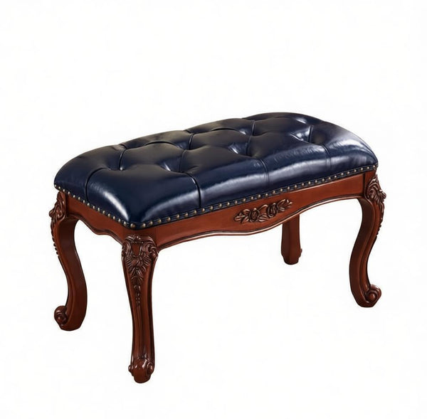 Entryway Bench, Leather Lounge Chair Modern, Farmhouse Blue Leather Stool, Genuine Leather Solid Wood Entry Bench, Vintage Dressing Table Stool, Rubber Wood Footstool-HomePaintingDecor