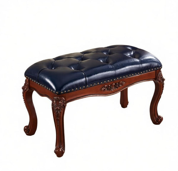 Entryway Bench, Leather Lounge Chair Modern, Farmhouse Blue Leather Stool, Genuine Leather Solid Wood Entry Bench, Vintage Dressing Table Stool, Rubber Wood Footstool-HomePaintingDecor