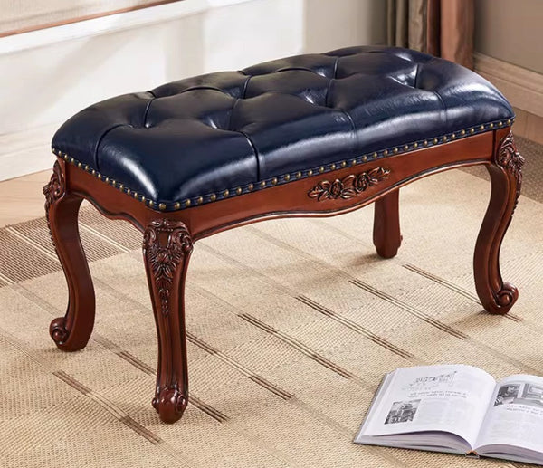 Entryway Bench, Leather Lounge Chair Modern, Farmhouse Blue Leather Stool, Genuine Leather Solid Wood Entry Bench, Vintage Dressing Table Stool, Rubber Wood Footstool-HomePaintingDecor